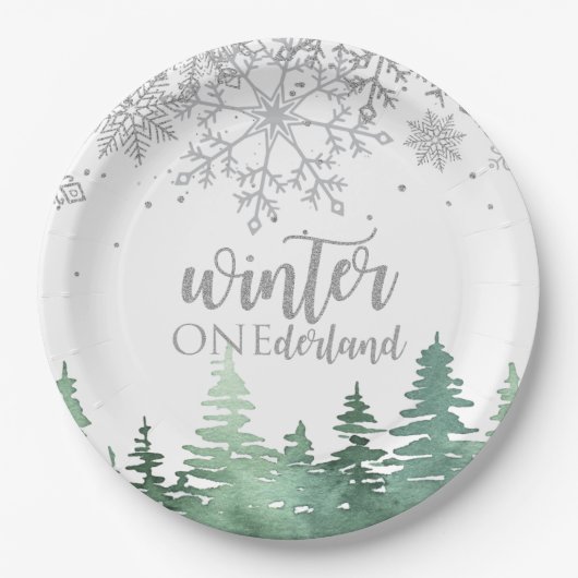 Assiettes En Carton Hiver Onederland Flèches et arbres en argent (Devant)