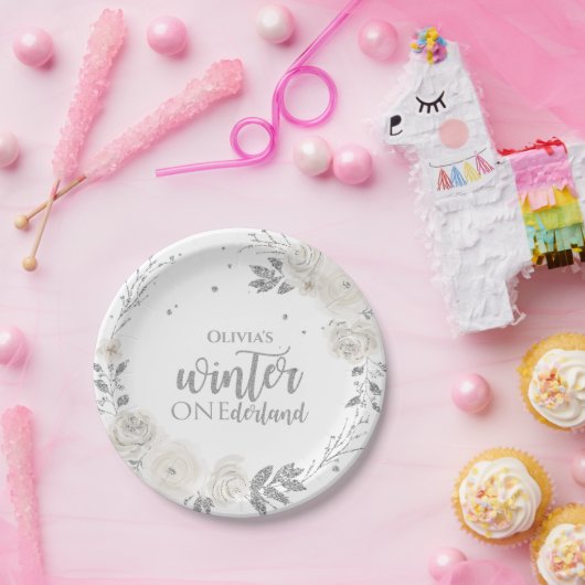 Assiettes En Carton Hiver Onederland Parties scintillant d'argent Plat (Fête)