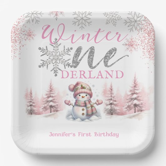Assiettes En Carton Hiver Onederland Pink Silver Parties scintillant 1 (Recto)