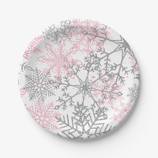 Assiettes En Carton Hiver Onederland Pink Silver Snowflake (Devant)