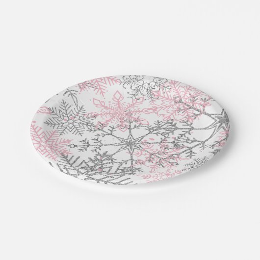 Assiettes En Carton Hiver Onederland Pink Silver Snowflake (Angle)
