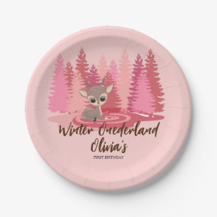 Assiettes En Carton Hiver Onederland Premier anniversaire Deer Pink Fo