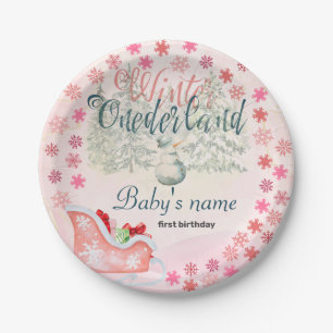 Assiettes En Carton Hiver Onederland Premier anniversaire Snowman rose