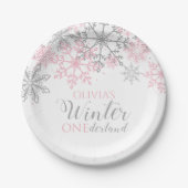 Assiettes En Carton Hiver Onederland Silver and Pink Snowflake (Devant)