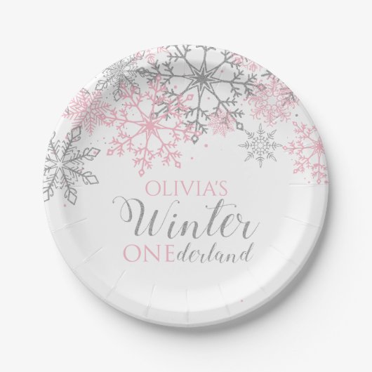 Assiettes En Carton Hiver Onederland Silver and Pink Snowflake (Devant)