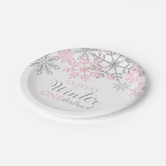Assiettes En Carton Hiver Onederland Silver and Pink Snowflake (Angle)