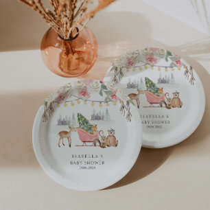Assiettes En Carton Hiver Pink Woodland Animaux Fille Baby shower