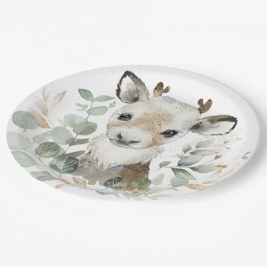 Assiettes En Carton Hiver Reinder Eucalyptus Gold Baby shower Party (Angle)