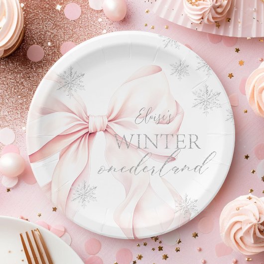Assiettes En Carton Hiver Rose Onederland Paillettes Argent 1er Annive