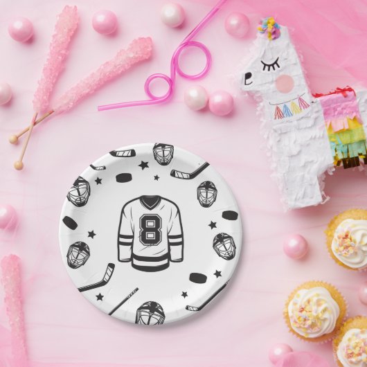 Assiettes En Carton Hockey noir et blanc 8e anniversaire (Fête)