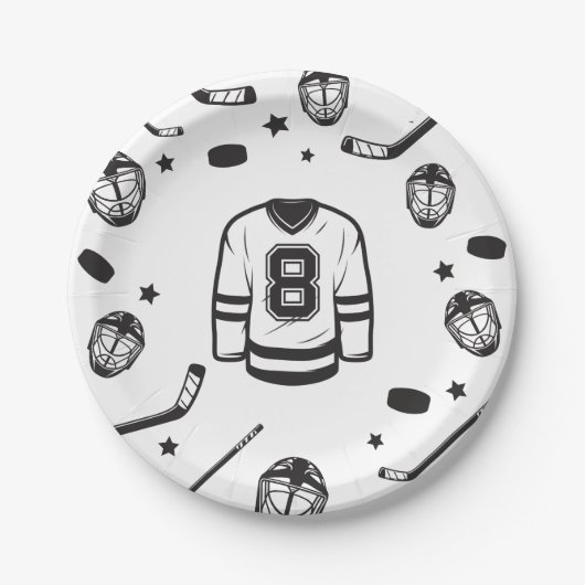 Assiettes En Carton Hockey noir et blanc 8e anniversaire (Devant)