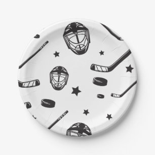 Assiettes En Carton Hockey noir et blanc anniversaire