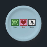 Assiettes En Carton Hockey sur gazon Peace Love<br><div class="desc">Un signe de paix,  un coeur et la silhouette noire d'un joueur de hockey sur gazon. J'adore les cadeaux de sport pour Noël.</div>