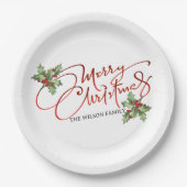 Assiettes En Carton Holly Berry Gradient Red Script Joyeux Noël (Devant)