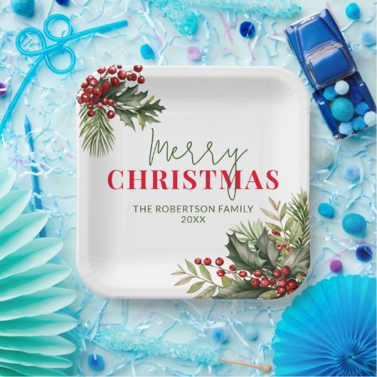 Assiettes En Carton Holly et Pine à la fête de Noël blanche (Fête)