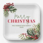 Assiettes En Carton Holly et Pine à la fête de Noël blanche (Recto)