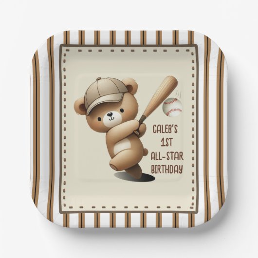 Assiettes En Carton Homerun Hitter Stripe Bear 1er anniversaire (Recto)