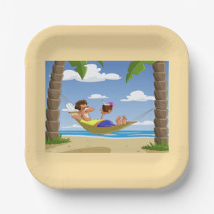 Assiettes En Carton Homme drôle se relaxant dans un hamac de plage