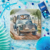 Assiettes En Carton Homme et chien dans le vieux camion bleu (Fête)