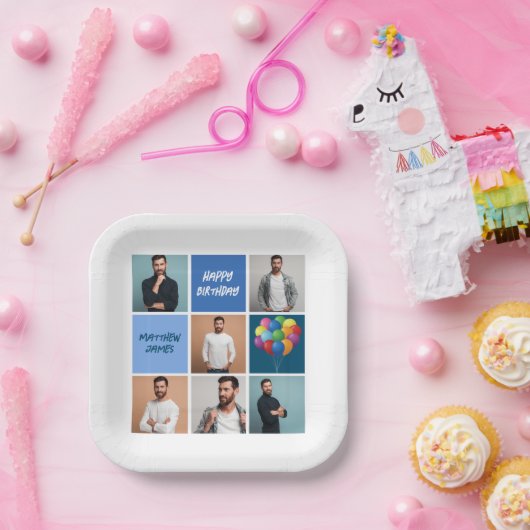 Assiettes En Carton Hommes Photo Collage personnalisé bleu fête d'anni (Fête)