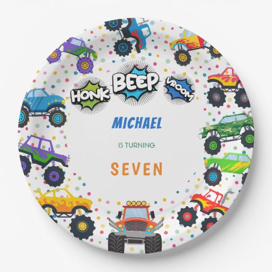 Assiettes En Carton Honer beep vroom monstre camions garçon anniversai (Devant)