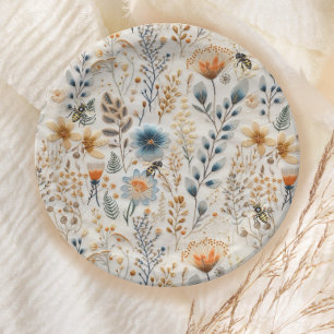 Assiettes En Carton Honey Bee baby shower vintage à fleurs bleu