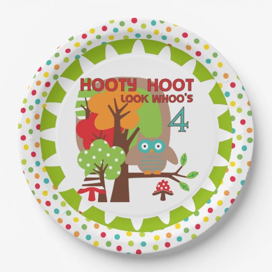 Assiettes En Carton Hooty Hoot Owl 4e Plaques de papier d'anniversaire (Devant)