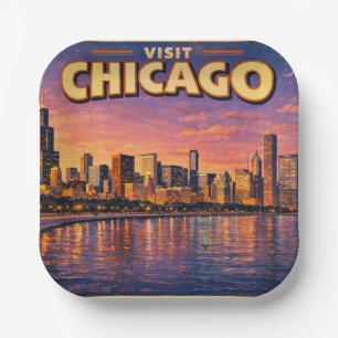 Assiettes En Carton horizon de Chicago et lac Michigan au crépuscule
