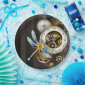 Assiettes En Carton Horloge à vapeur avec libellule mécanique (Fête)