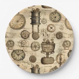 Assiettes En Carton Horloge ancienne engrenages Parchemin Brun