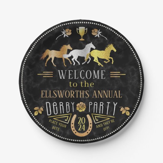 Assiettes En Carton Horse Racing Derby Day Party Art Déco Black Gold (Devant)