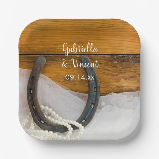 Assiettes En Carton Horseshoe et Pearls Country Western Mariage (Recto)