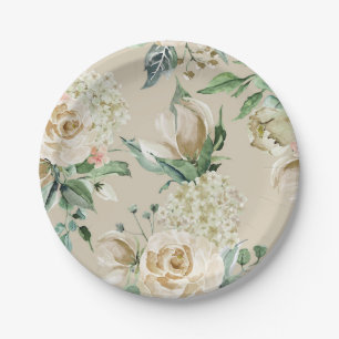 Assiettes En Carton Hortensia Rose Crème Beige Aquarelle