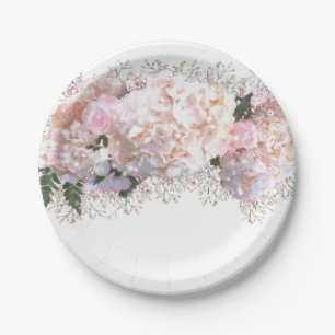 Assiettes En Carton Hortensias romantiques blancs roses, fleurs blanch