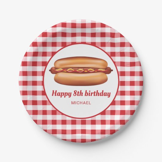 Assiettes En Carton Hot Dog Sur Red En vichy Motif Joyeux anniversaire (Devant)