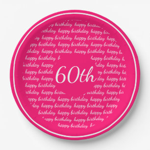 Assiettes En Carton Hot rose blanc 60e Joyeuse Typographie d'anniversa
