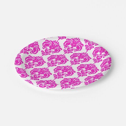 Assiettes En Carton Hot rose & blanc Damask Chic Elegant Party (Angle)