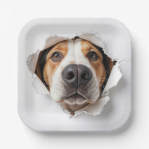 Assiettes En Carton Hound Dog Peeking À Travers Torn Papier Trou