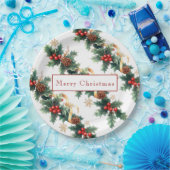 Assiettes En Carton Houx de Noël Baies Rouges Cônes de Pin Ruban Doré (Fête)