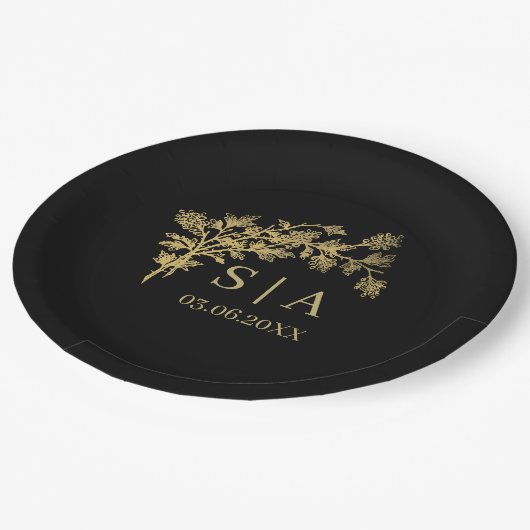 Assiettes En Carton Huile d'or sur mesure Luxe Botanographie Monogramm (Angle)