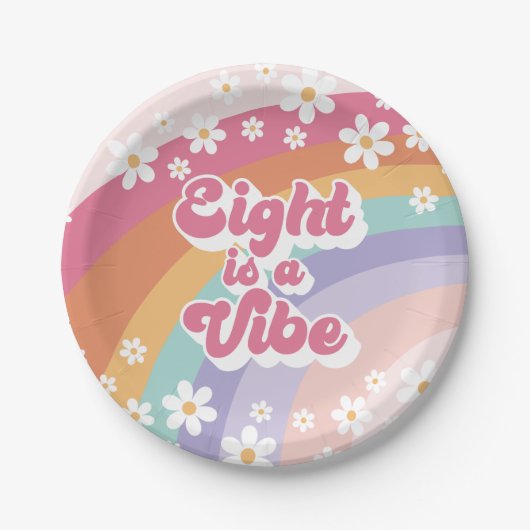 Assiettes En Carton Huit est Vibe Retro Rainbow 8e anniversaire (Devant)