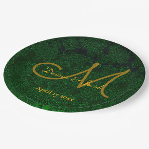 Assiettes En Carton Hunter Green Gold Mariage Réception Monogramme