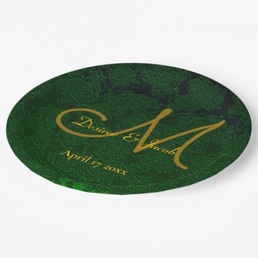 Assiettes En Carton Hunter Green Gold Mariage Réception Monogramme (Angle)
