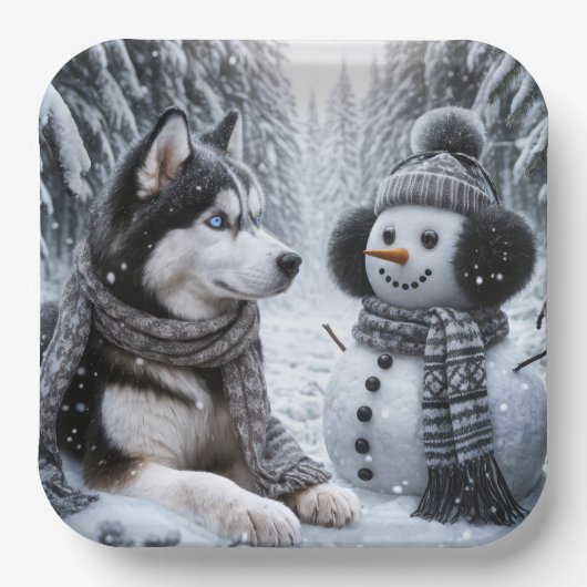Assiettes En Carton Husky et Snowman dans les bois d'hiver (Recto)