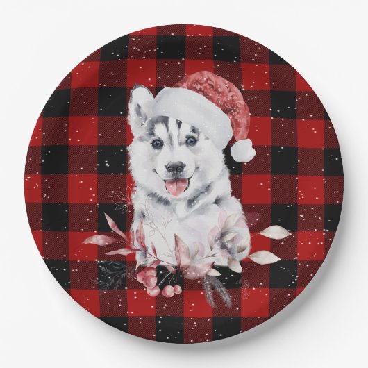 Assiettes En Carton Husky Noël Sur Plaque De Papier Plaid Buffalo (Devant)