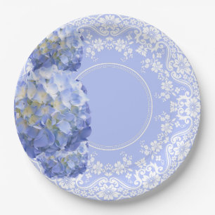 Assiettes En Carton Hydrangea Bleu Dentelle Blanche Mariage Réception