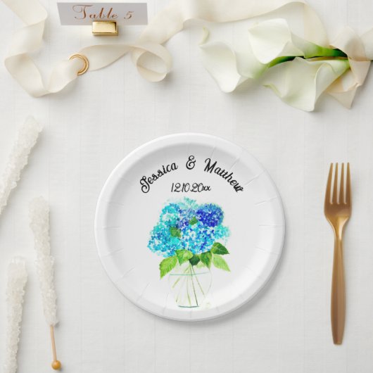 Assiettes En Carton Hydrangea Blue floral Aquarelle Mariages (Mariage)