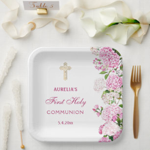 Assiettes En Carton Hydrangea rose Première Communion