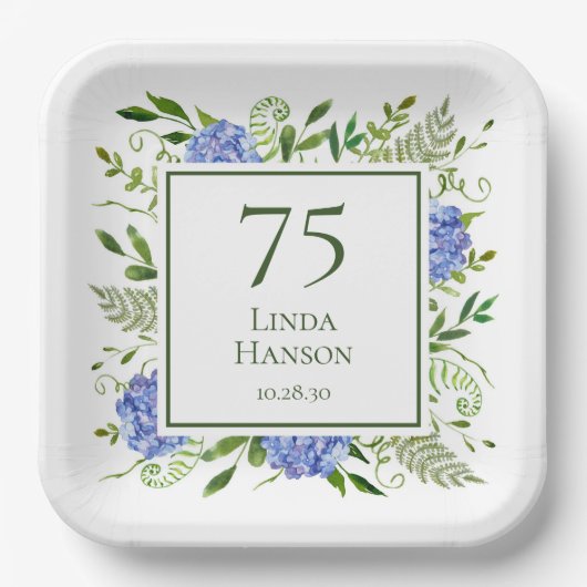 Assiettes En Carton Hydrangeas Bleus pour les 75 ans (Recto)
