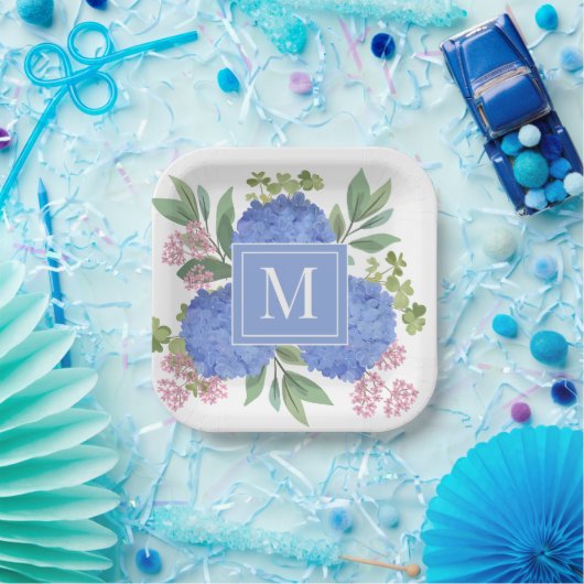 Assiettes En Carton Hydrangée bleue Bouquet moderne Monogramme personn (Fête)